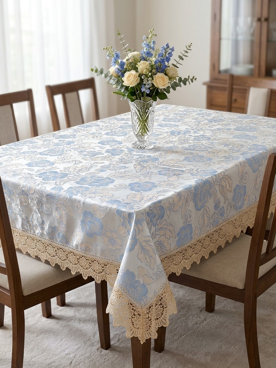 Premium Jacquard Floral Damask Table Cloth with Crocheted Lace Border (6-Seater)