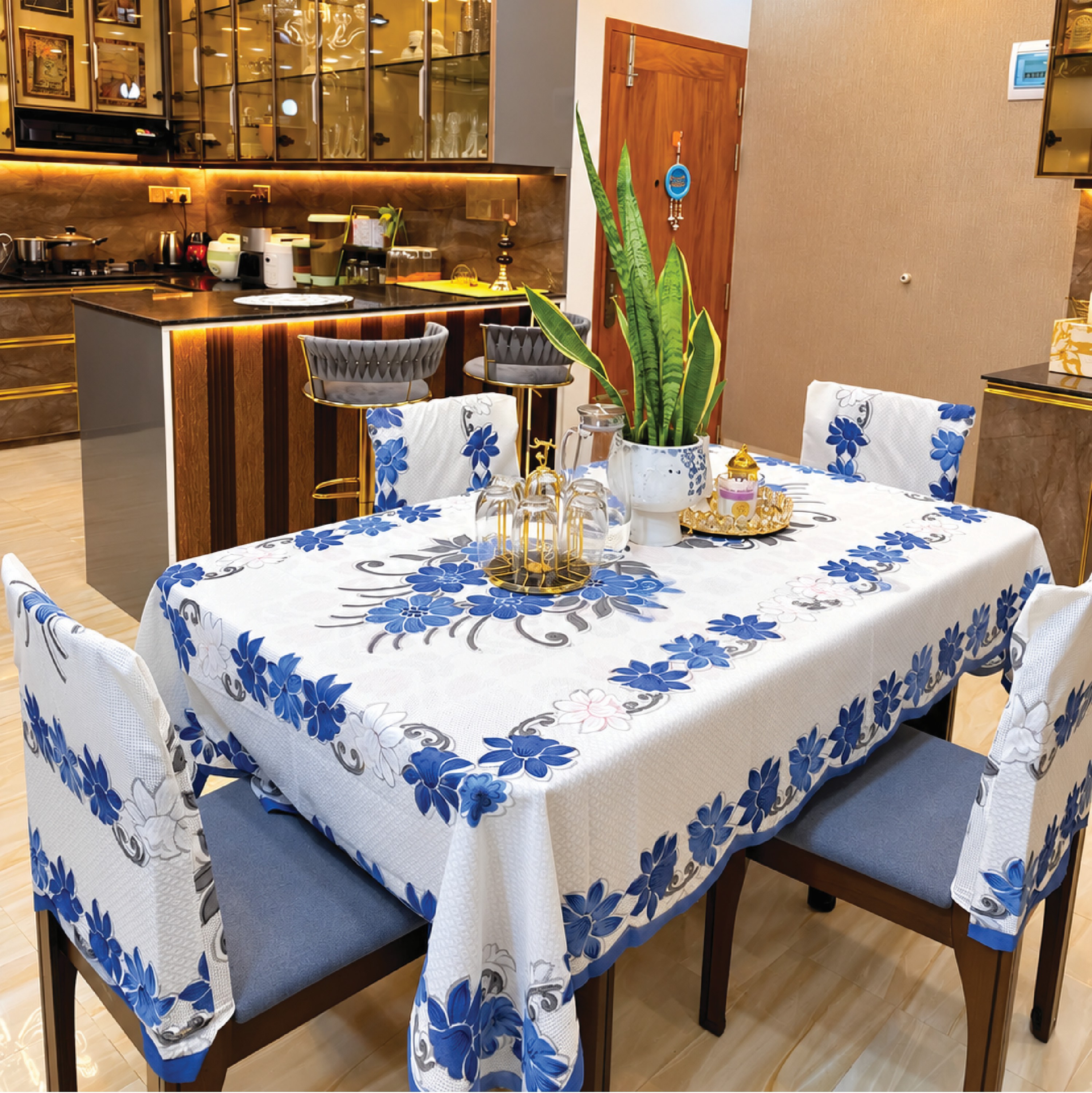 Premium Daisy Dining Table Cloth(60x90 Inch) &  Chair Cover (6 Pcs)