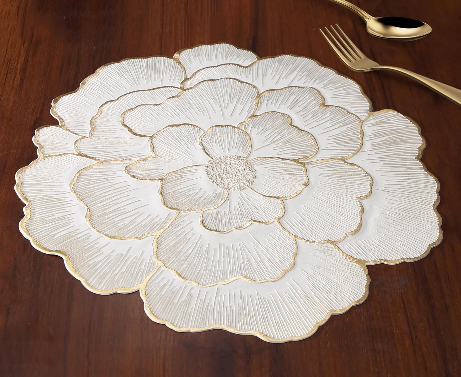 Elegant Flower Shape Pressed PVC Table Placemat (White & Gold)